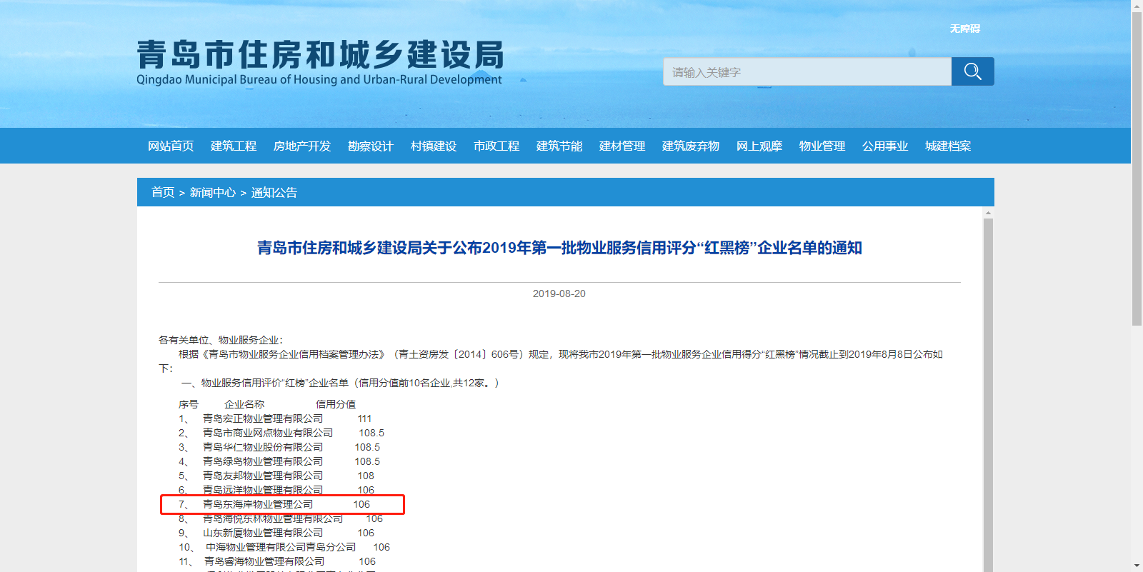 青島城發(fā)集團所屬東海岸物業(yè)管理公司榮登青島市物業(yè)服務信用評價“紅榜”
